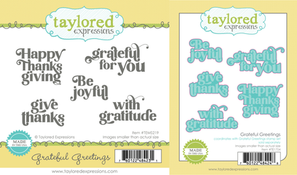 Two product images showing the Grateful Greetings stamp set with bold handwritten sentiments and the coordinating die set for easy cutting and layering.