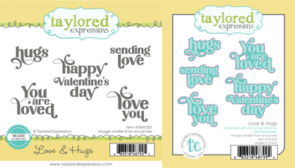 Two product images showing the Love & Hugs stamp set with typewriter-style sentiments and the coordinating dies designed to cut out each phrase.
