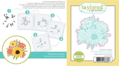 Two graphics display the Autumn Array collection: one features the Autumn Array Stamp & Stencil Combo with layered florals in warm seasonal hues, while the other shows the coordinating Autumn Array die designed to cut the full bouquet for dimension and detail.