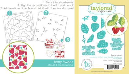 Side-by-side images featuring the Berry Sweet Stencil & Clear Stamp Combo on the left, and the coordinating die set on the right, showcasing tools for creating layered strawberry-themed designs.
