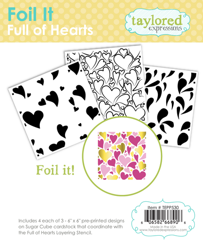Graphic of three different Foil It - Full of Hearts set with different heart shapes to foil for papercrafting.