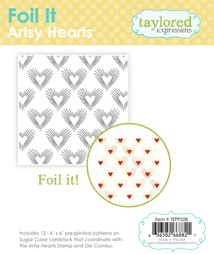 Graphic of 12 6x6 Foil It - Artsy Hearts that includes heart shapes for foiling for papercrafting.