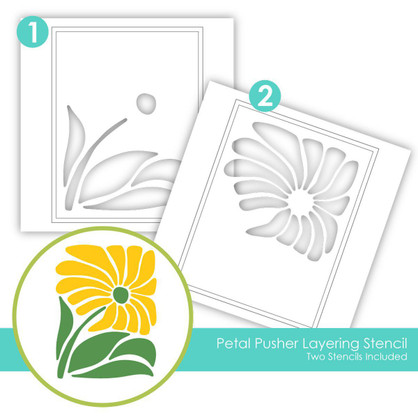 Graphic of two layering stencils labeled Petal Pusher Layering Stencil for papercrafting. Graphic of two layering stencils labeled Petal Pusher Layering Stencil for papercrafting.