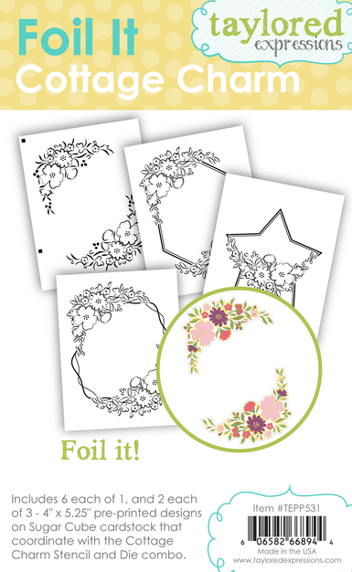 Graphic of 4 Foil It Cottage Charm foils with flowers and a star for papercrafting.