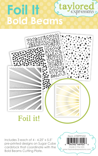 Graphic of 4 different Foil It Bold Beams options with a ray, hearts, stars, and music notes for papercrafting.