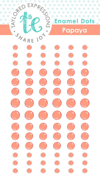 Graphic of packaging of Papaya colored enamel dots of various sizes.