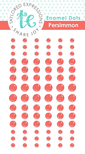 Graphic of packaging of Persimmon colored enamel dots of various sizes.