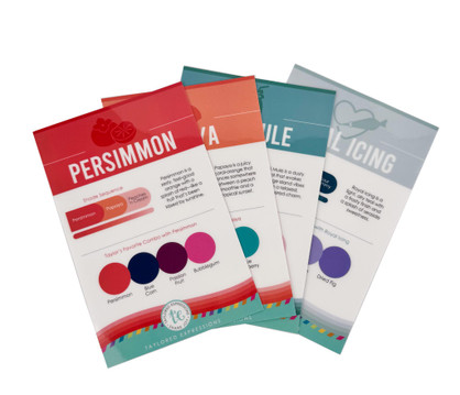 Graphic of palette playbook that includes four laminated sheets of the new colors Persimmon, Papaya, Tiki Mule, and Royal Icing with different color combination ideas for cardmaking.