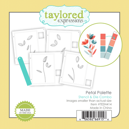 Graphic of Petal Palette, a flower stencil and die combo with a color swatch palette on the side for papercrafting.