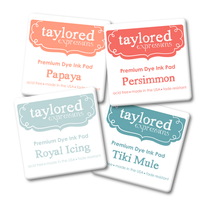 Graphic of four mini sized ink pads with new colors from Taylored Expressions including Papaya, Persimmon, Royal Icing and Tiki Mule.