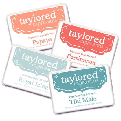 Graphic of four full sized ink pads with new colors from Taylored Expressions including Papaya, Persimmon, Royal Icing and Tiki Mule.