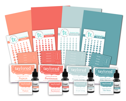 Graphic of Color Drop - Full Set Syndrome including the 4 new ink colors in full size ink, mini ink, refill, enamel dots, love to label stickers, and cardstock.