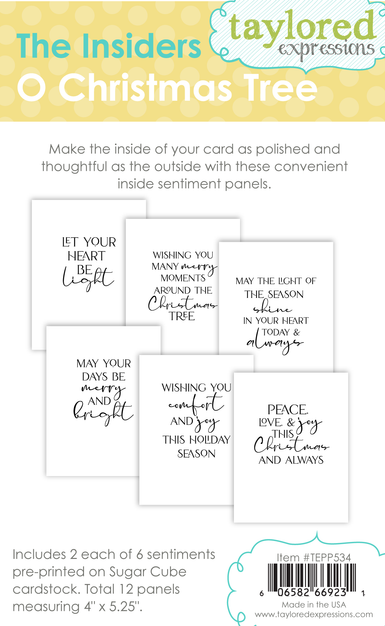 Graphic of 6 different sentiments on insider panels for paper crafting that are called O Christmas Tree.