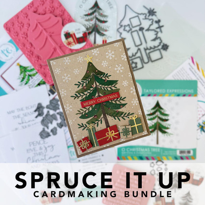 Graphic of All Spruced Up Cardmaking Bundle that includes stamps, steel die, and stencils for paper crafting.