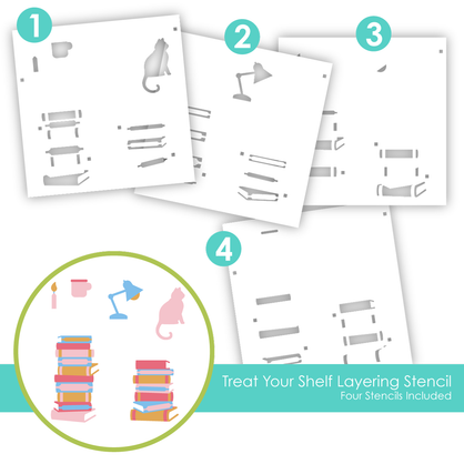Graphic of Treat Your Shelf Layering Stencil that layers books, a candle, lamp, mug, and cat for paper crafting.