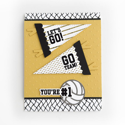 Handmade greeting card with a volleyball on it and flags with sports themed sentiments.
