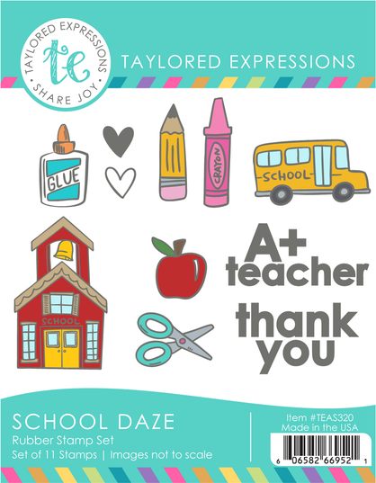 Graphic of School Daze red rubber stamp set that includes school themed stamps for papercrafting.