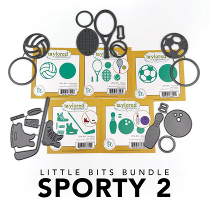 Graphic of Little Bits Bundle Sporty 2 which includes steel die sets of volleyball, tennis, soccer, hockey, and bowling for papercrafting. Graphic of Little Bits Bundle Sporty 2 which includes steel die sets of volleyball, tennis, soccer, hockey, and bowling for papercrafting.