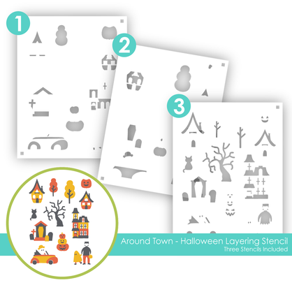 Graphic of Around Town - Halloween Layering Stencil which includes three stencils to create haunted houses, pumpkins, monsters, a cat, graveyard, and a ghost for papercrafting.