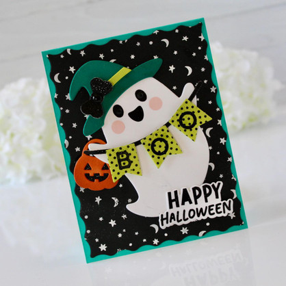 Handmade greeting card with ghost on it and boo sentiment with happy halloween sentiment on it as well.
