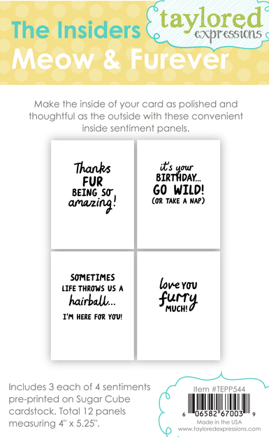 Graphic of The Insiders Meow & Furever which contains 3 sets of 4 different cat sentiments.