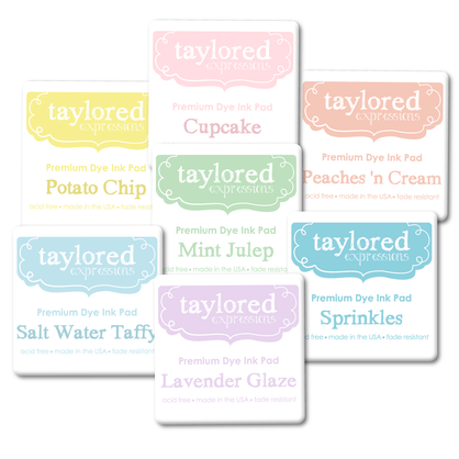 Graphic of 7 different TE premium mini size ink pads that create a pastel rainbow color bundle.