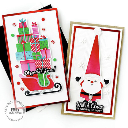 Two handmade greeting cards, one with a sled and presents on it and the other with a santa on it.