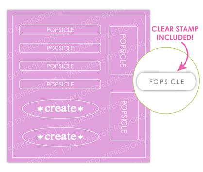 Graphic of Love to Label Sticker sheet for the color Popsicle which is a light magenta that includes popsicle stickers and a clear stamp that says popsicle.