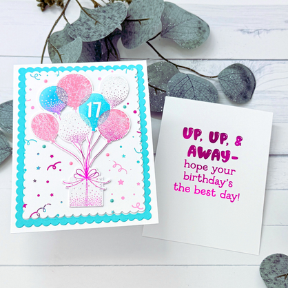 Handmade greeting card with balloons on it and an insider panel next to it with up, up, & away- hope your birthday's the best sentiment on it.