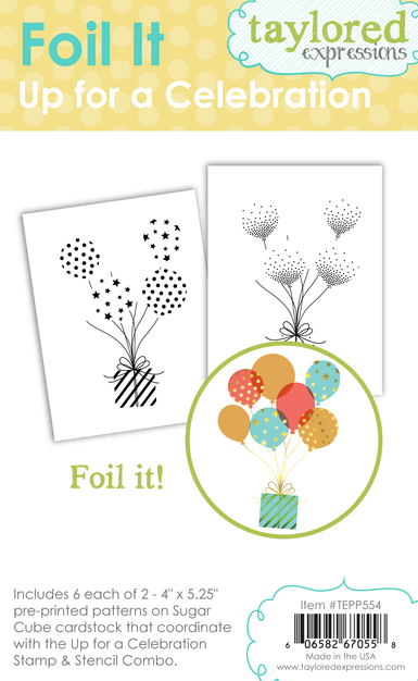 Graphic of Foil It - Up for a Celebration which includes foiling panels for balloons holding up a present for papercrafting.