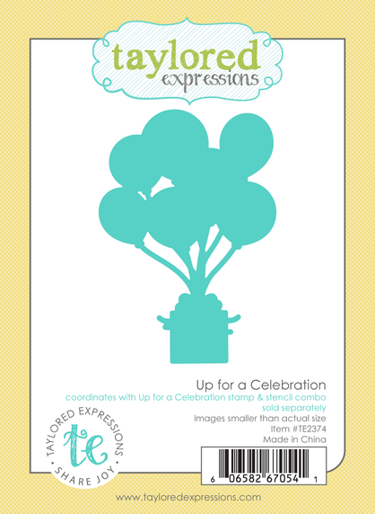 Graphic of Up for A Celebration steel die that includes a die cut out of balloons holding up a present that is used for papercrafting.