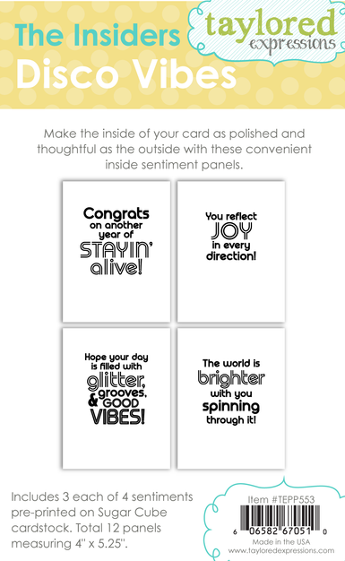 Graphic of The Insiders - Disco Vibes which includes 3 each of 4 disco themed sentiments for papercrafting.