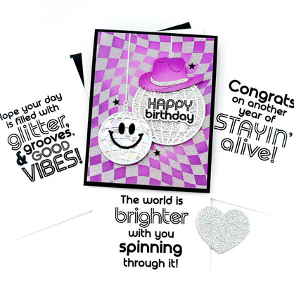 Handmade greeting card with disco balls on it with one having a cowgirl hat on it with happy birthday sentiment and Insider Panels - Disco Vibes spread out in the background.