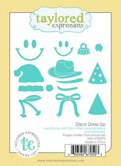 Graphic of Disco Dress Up steel die set that includes accessories for a disco ball such as a cowgirl hat, smiley face, santa hat, bow, and cherry stems for papercrafting.