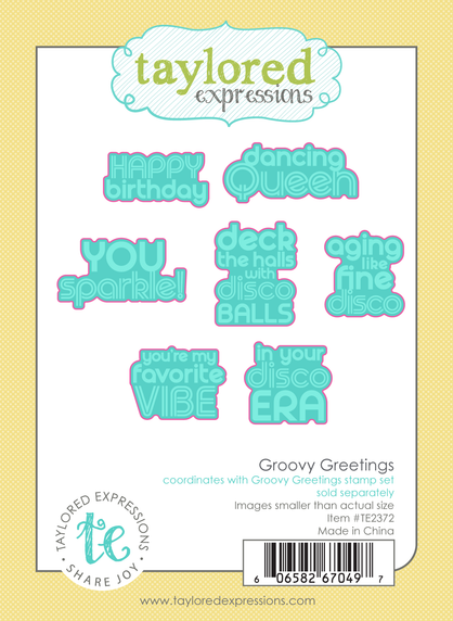 Graphic of Groovy Greetings steel die set that cuts out 7 different disco themed sentiments for papercrafting.