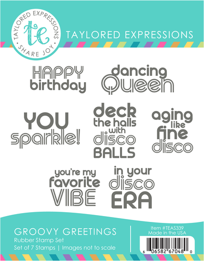 Graphic of Groovy Greetings rubber stamp set that includes a set of 7 different stamp sentiments for disco themed cardmaking.