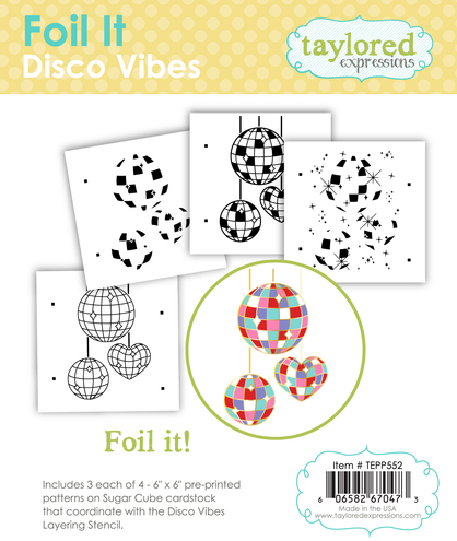 Graphic of Foil It - Disco Vibes which includes 3 each of 4 different disco foil patterns for papercrafting.