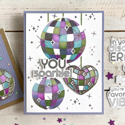 Handmade greeting card with disco balls on it and you sparkle sentiment on it.