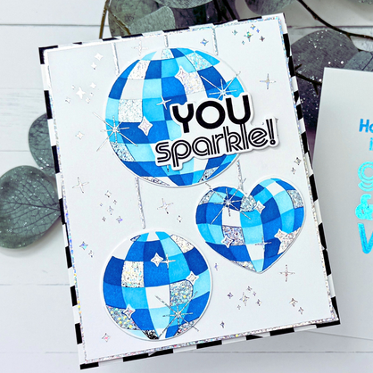 Handmade greeting card with disco balls on it and you sparkle sentiment on it.