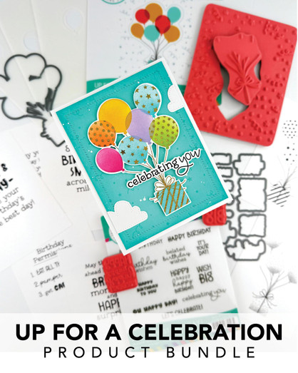 Graphic of Up for a Celebration Product Bundle which includes rubber stamps and steel die for papercrafting. Graphic of Up for a Celebration Product Bundle which includes rubber stamps and steel die for papercrafting.