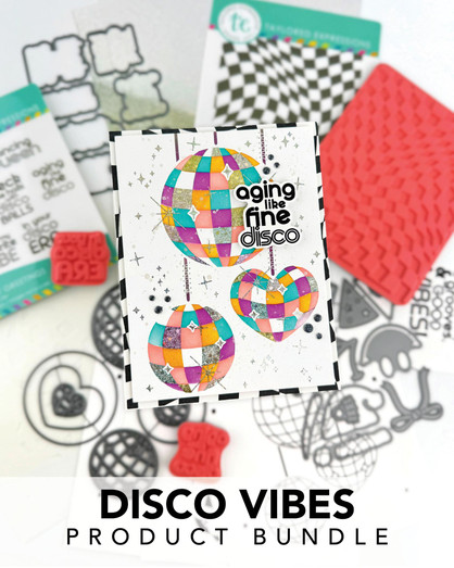 Graphic of Disco Vibes Product Bundle which includes red rubber stamp sentiments and steel die for papercrafting. Graphic of Disco Vibes Product Bundle which includes red rubber stamp sentiments and steel die for papercrafting.
