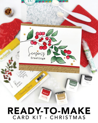 Graphic of Ready-to-make Card Kit for Christmas which includes inks, stamps, blender brushes, glue and more for creating Christmas cards.