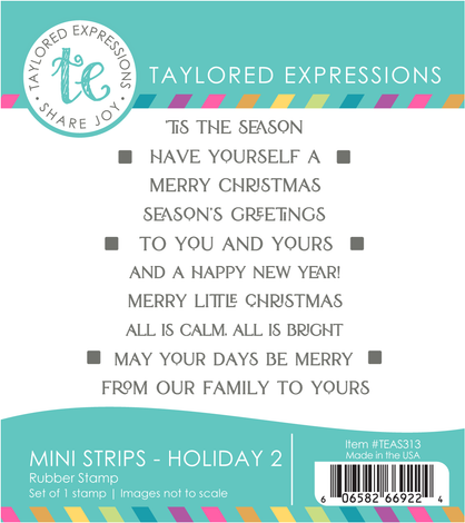 Graphic of Mini Strips Stamp - Holiday 2 sentiments which includes multiple sentiments on a red rubber stamp for papercrafting.