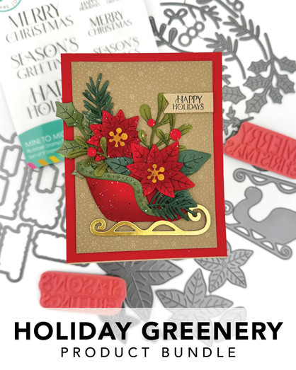 Graphic of Holiday Greenery Product Bundle which includes dies and red rubber stamps for papercrafting. Graphic of Holiday Greenery Product Bundle which includes dies and red rubber stamps for papercrafting.