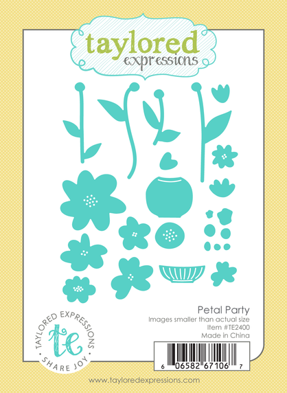 Graphic of Petal Party steel die that cuts out flowers, flower pots, and parts of flowers for papercrafting.