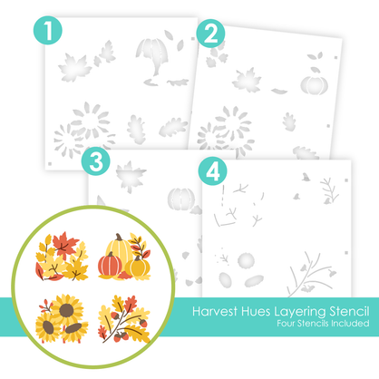 Graphic of Harvest Hues Layering Stencil that includes four stencils for papercrafting.