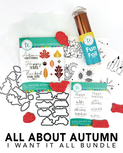 Graphic of the All About Autumn I Want it All bundle which includes stamps, steel die, foil its, and foil for papercrafting. Graphic of the All About Autumn I Want it All bundle which includes stamps, steel die, foil its, and foil for papercrafting.