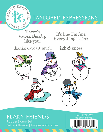 Graphic of Flaky Friends red rubber stamp set that includes 9 stamps of snowmen and snow sentiments for papercrafing.