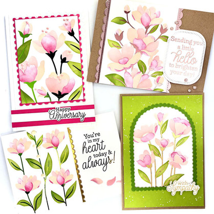 Four handmade greeting cards with flowers on each of them and different sentiments on each.
