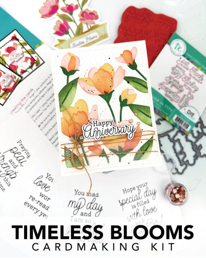 Graphic of Timeless Blooms Cardmaking kit that includes insiders, envelope seals, stamp and die for creating floral cards. Graphic of Timeless Blooms Cardmaking kit that includes insiders, envelope seals, stamp and die for creating floral cards.